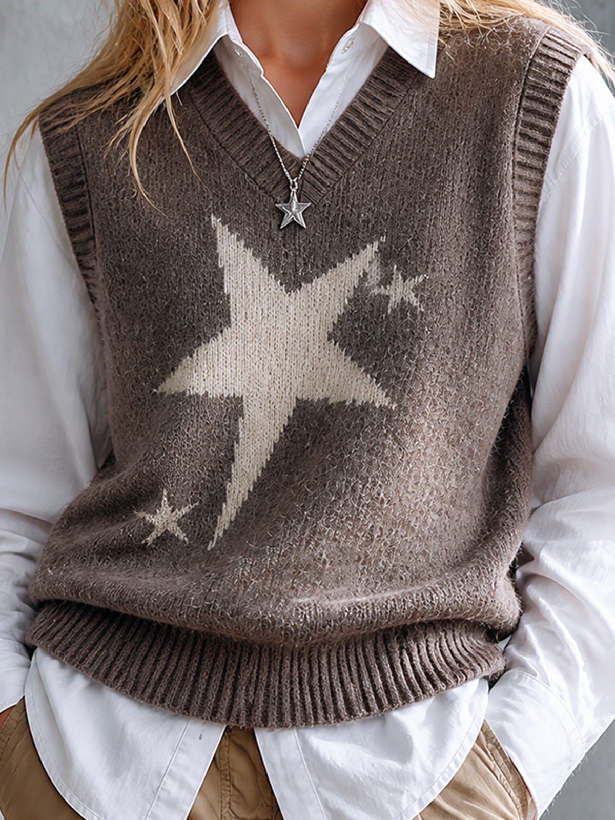 ElevenOra Chic Casual Mocha Brown V-Neck Star Jacquard Sleeveless Loose-Fit Fuzzy Knit Vest