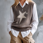 ElevenOra Chic Casual Mocha Brown V-Neck Star Jacquard Sleeveless Loose-Fit Fuzzy Knit Vest