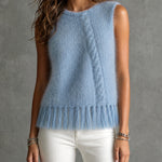 ElevenOra Chic Elegant Blue Round-Neck Sleeveless Cable Detail Fringe Hem Slim-Fit Mohair Blend Knit Vest