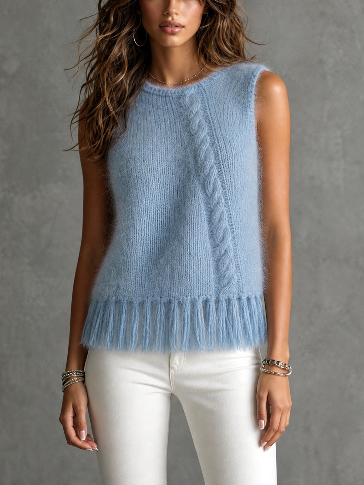 ElevenOra Chic Elegant Blue Round-Neck Sleeveless Cable Detail Fringe Hem Slim-Fit Mohair Blend Knit Vest