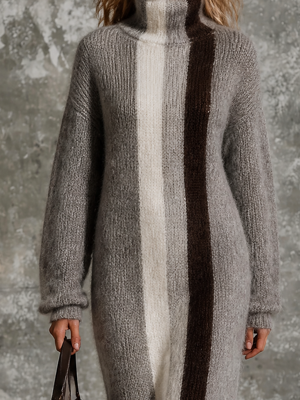 ElevenOra Chic Elegant Heather Grey Turtleneck Contrast Trim Stripes Long-Sleeve Loose-Fit Fuzzy Knit Midi Dress