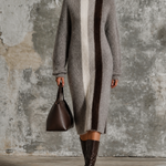 ElevenOra Chic Elegant Heather Grey Turtleneck Contrast Trim Stripes Long-Sleeve Loose-Fit Fuzzy Knit Midi Dress