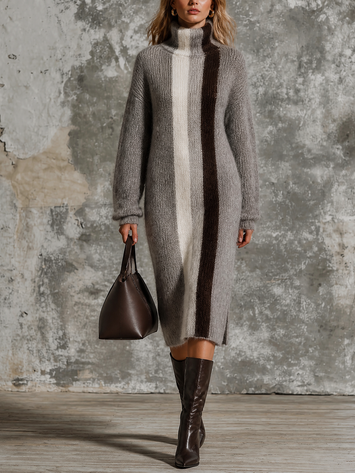 ElevenOra Chic Elegant Heather Grey Turtleneck Contrast Trim Stripes Long-Sleeve Loose-Fit Fuzzy Knit Midi Dress
