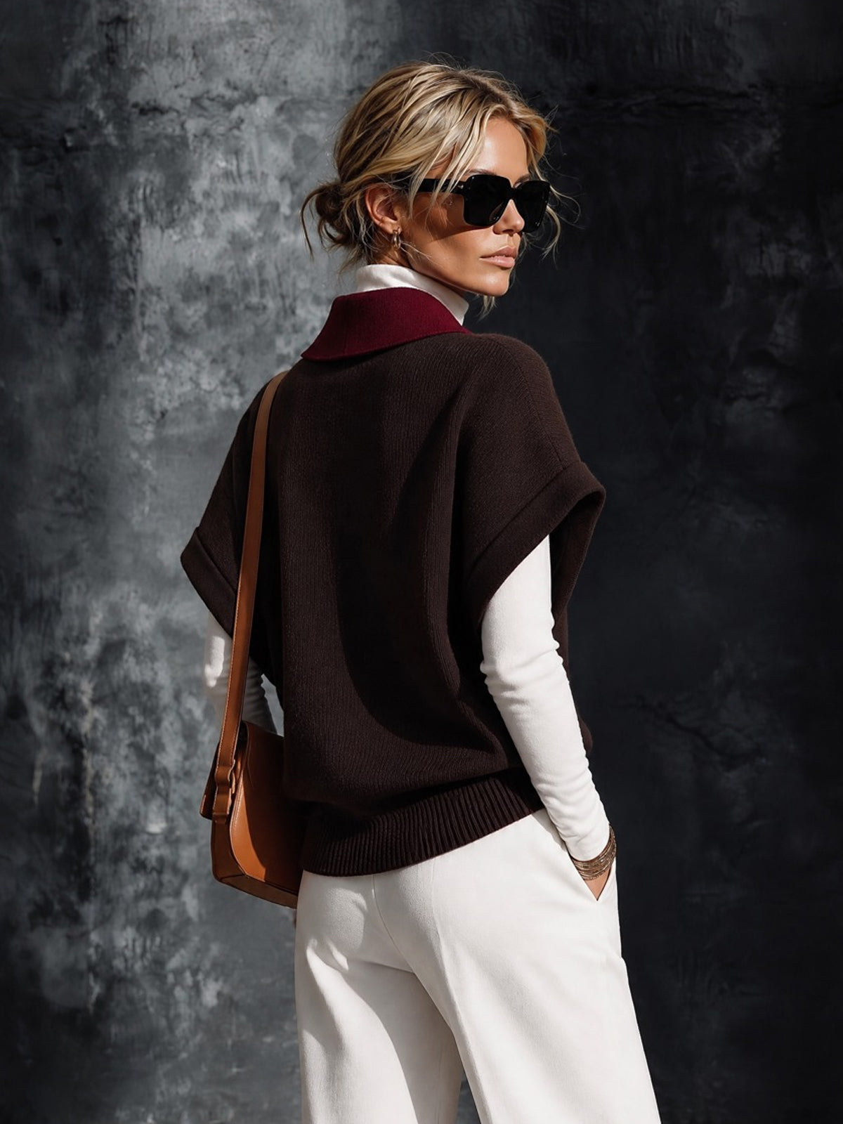 ElevenOra Chic Elegant Coffee-Red Colorblock Lapel Collar Short-Sleeve Keyhole Cutout Detail Loose-Fit Wool Blend Knit Sweater