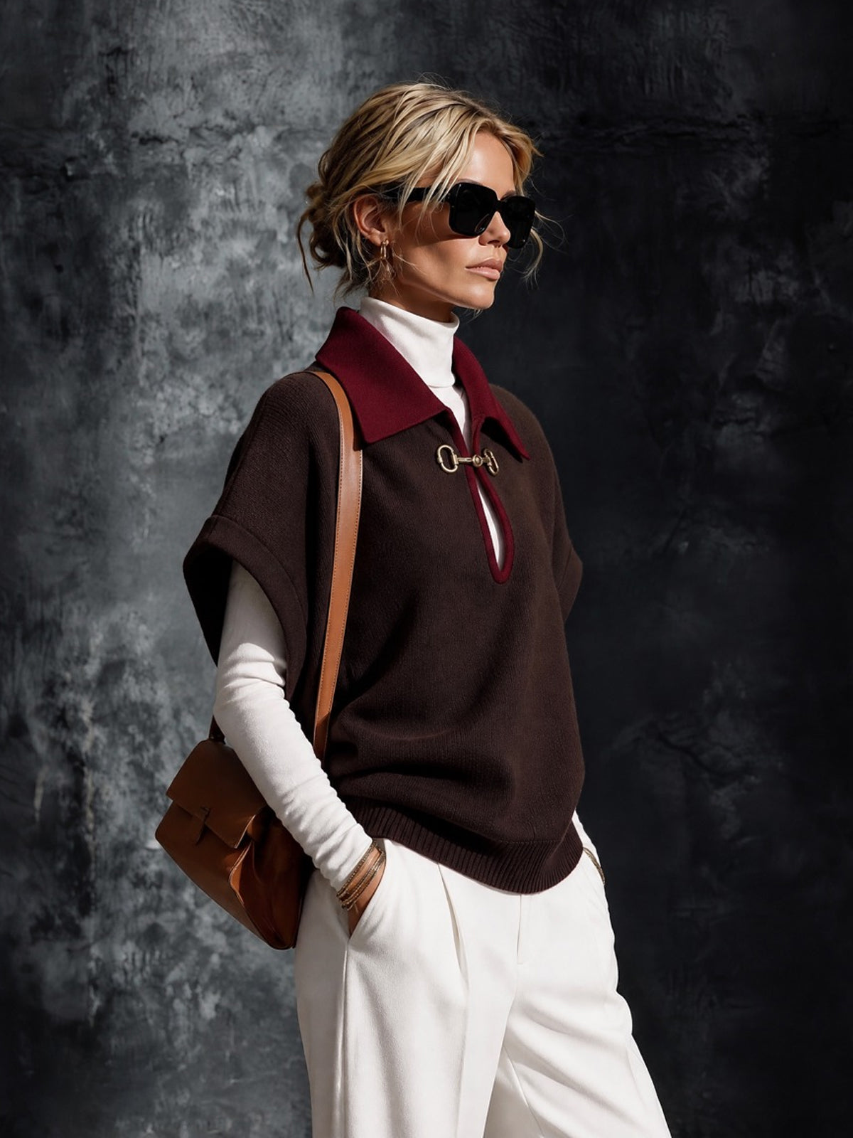 ElevenOra Chic Elegant Coffee-Red Colorblock Lapel Collar Short-Sleeve Keyhole Cutout Detail Loose-Fit Wool Blend Knit Sweater