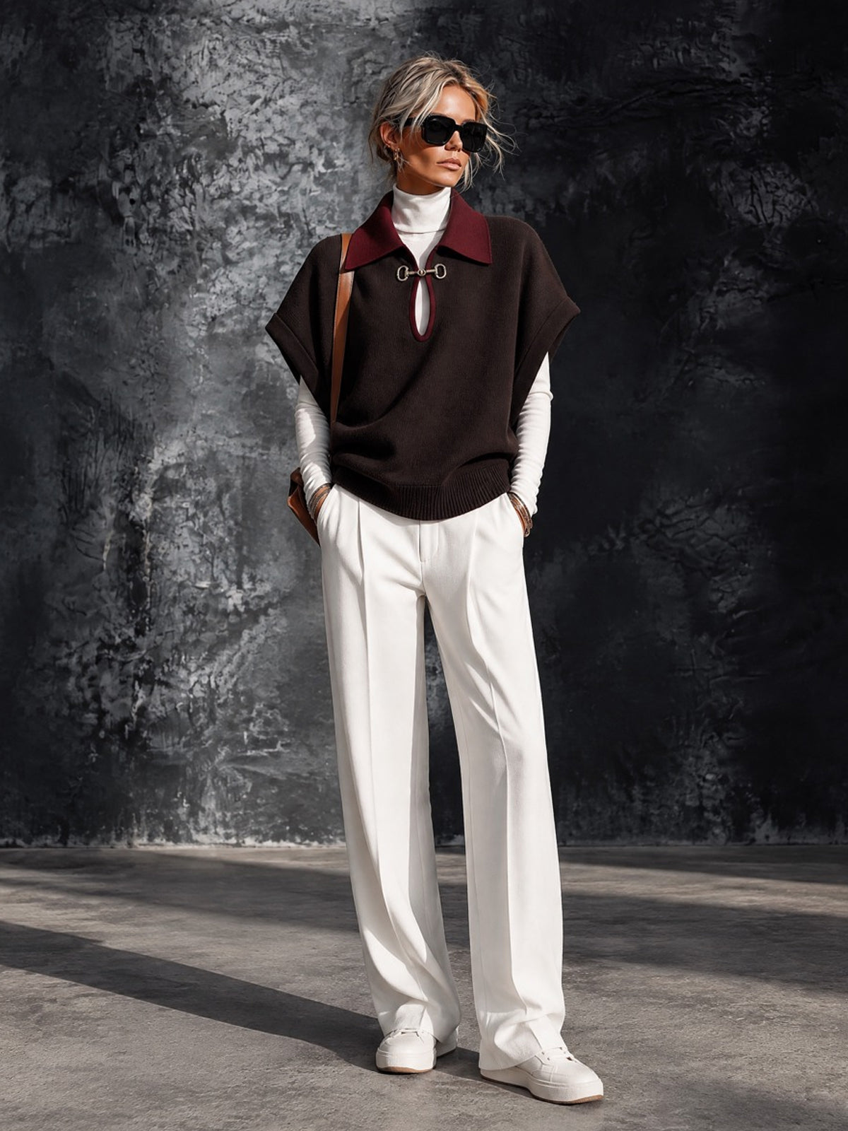 ElevenOra Chic Elegant Coffee-Red Colorblock Lapel Collar Short-Sleeve Keyhole Cutout Detail Loose-Fit Wool Blend Knit Sweater
