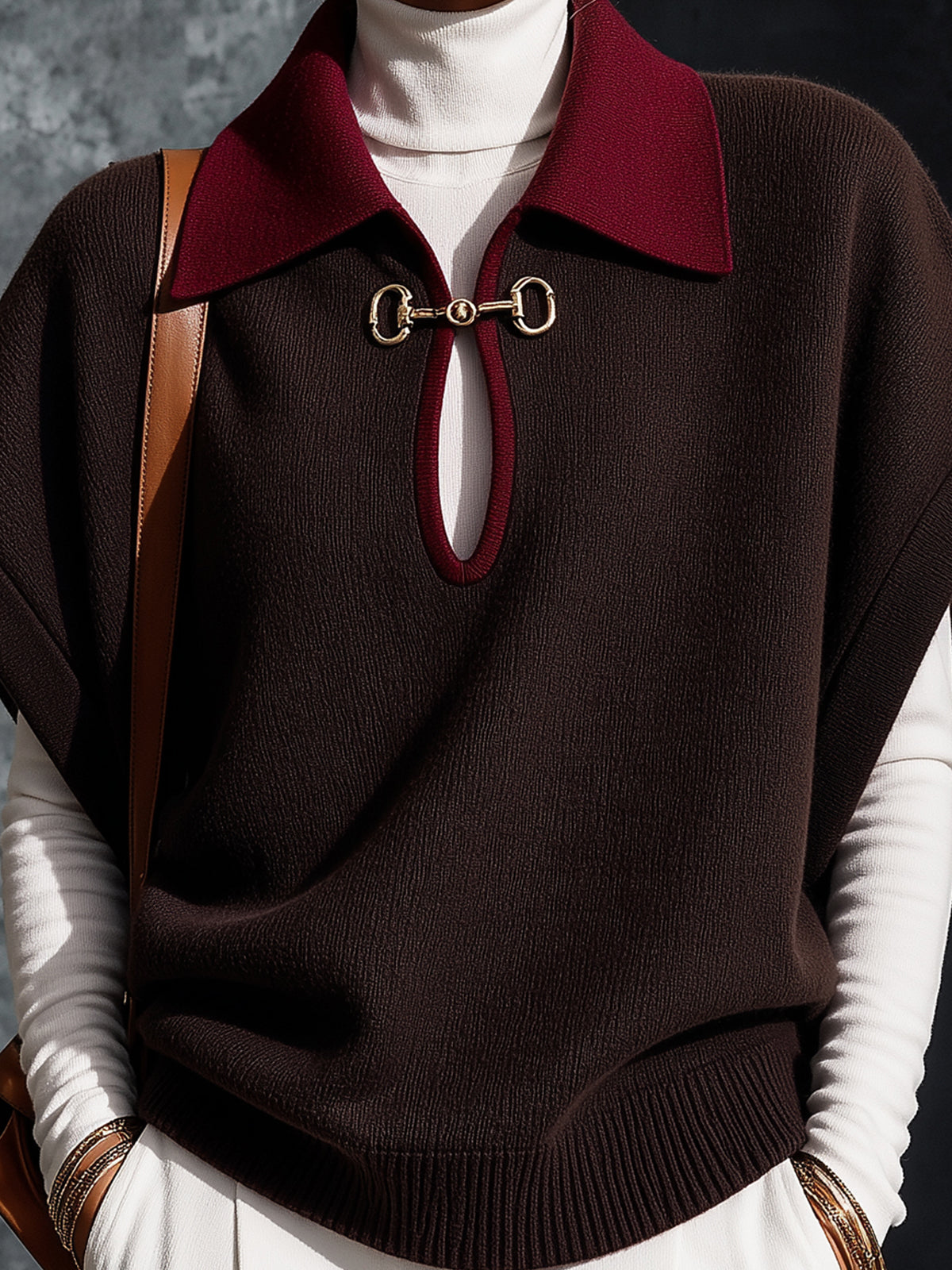 ElevenOra Chic Elegant Coffee-Red Colorblock Lapel Collar Short-Sleeve Keyhole Cutout Detail Loose-Fit Wool Blend Knit Sweater