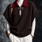 ElevenOra Chic Elegant Coffee-Red Colorblock Lapel Collar Short-Sleeve Keyhole Cutout Detail Loose-Fit Wool Blend Knit Sweater
