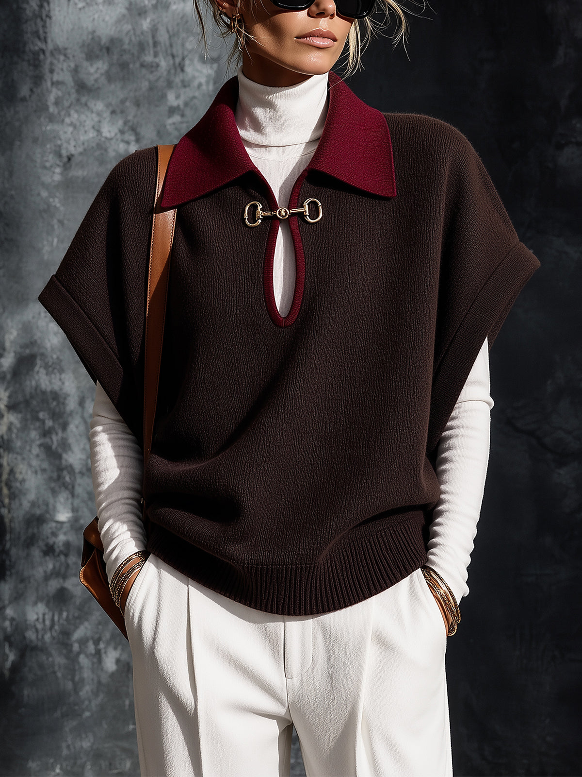 ElevenOra Chic Elegant Coffee-Red Colorblock Lapel Collar Short-Sleeve Keyhole Cutout Detail Loose-Fit Wool Blend Knit Sweater