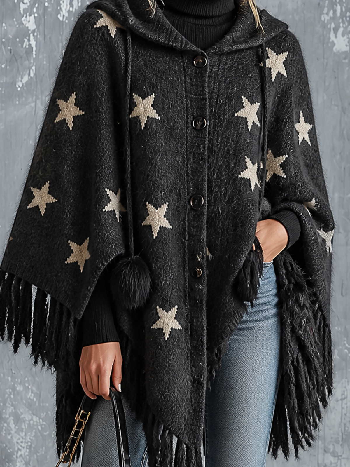 ElevenOra Chic Casual Charcoal Black Hooded Star Jacquard Single-Breasted Batwing Sleeve Fringe Hem Loose-Fit Knit Cape Cardigan