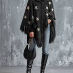 ElevenOra Chic Casual Charcoal Black Hooded Star Jacquard Single-Breasted Batwing Sleeve Fringe Hem Loose-Fit Knit Cape Cardigan