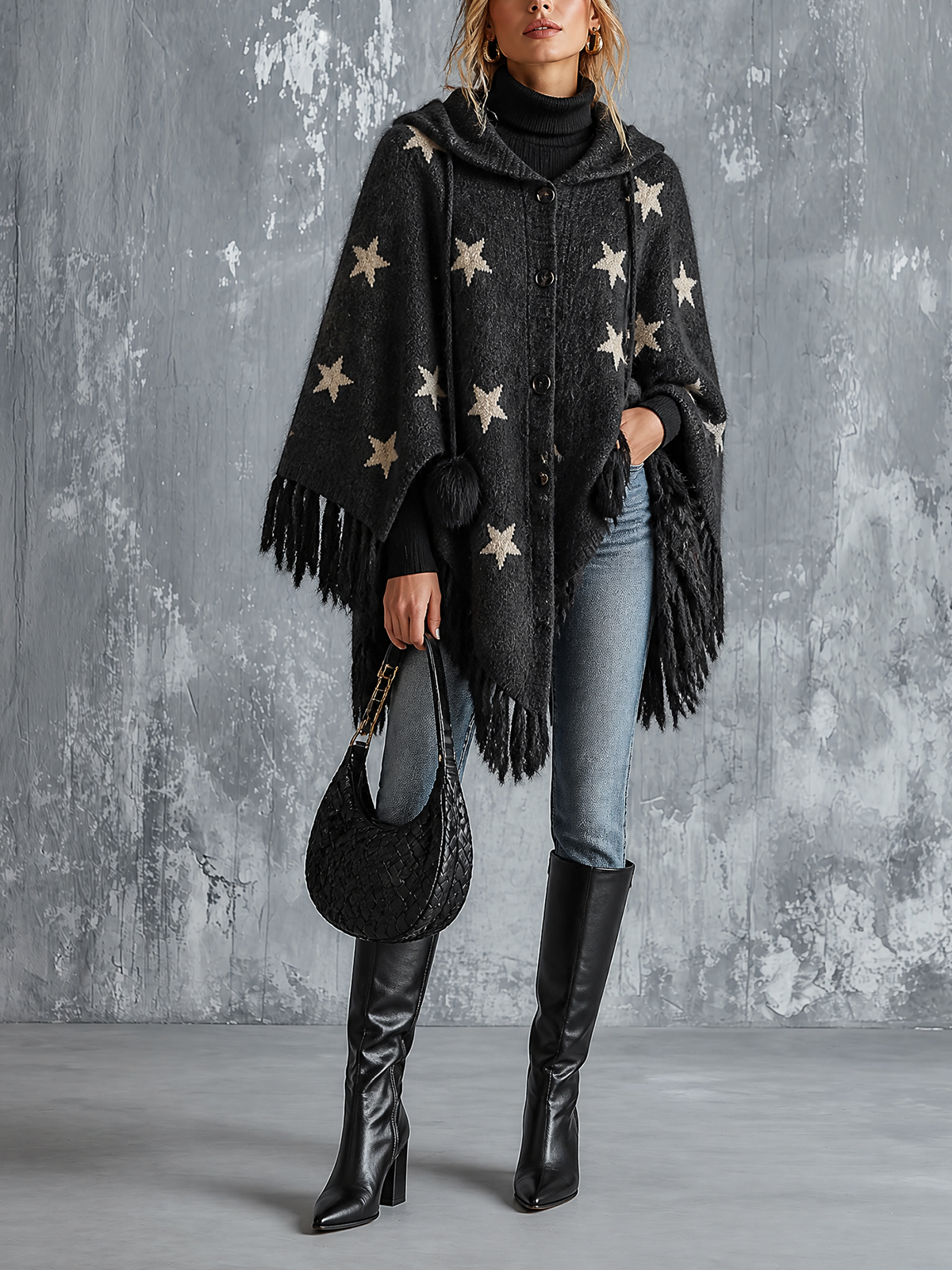 ElevenOra Chic Casual Charcoal Black Hooded Star Jacquard Single-Breasted Batwing Sleeve Fringe Hem Loose-Fit Knit Cape Cardigan