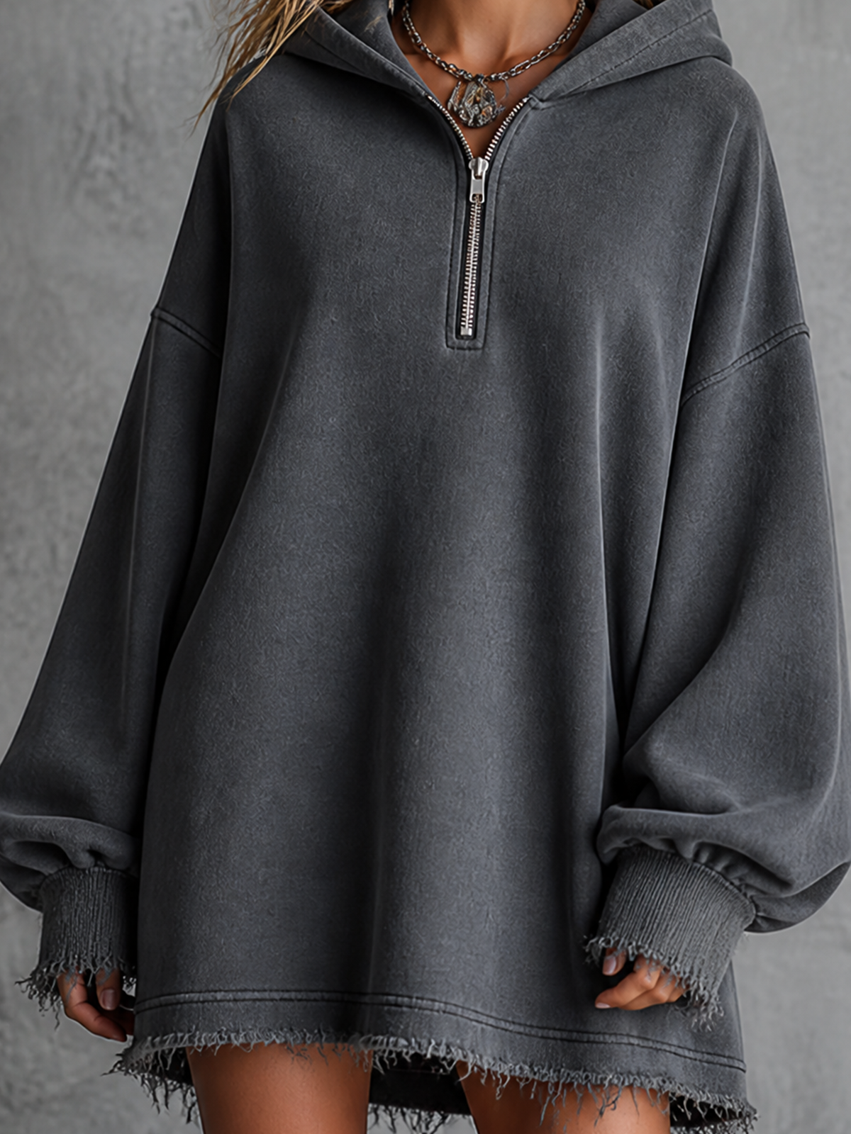 ElevenOra Chic Casual Charcoal Grey Hooded Half Zip Drop Shoulder Long-Sleeve Frayed Hem Loose-Fit French Terry Sweatshirt Mini Dress