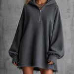 ElevenOra Chic Casual Charcoal Grey Hooded Half Zip Drop Shoulder Long-Sleeve Frayed Hem Loose-Fit French Terry Sweatshirt Mini Dress