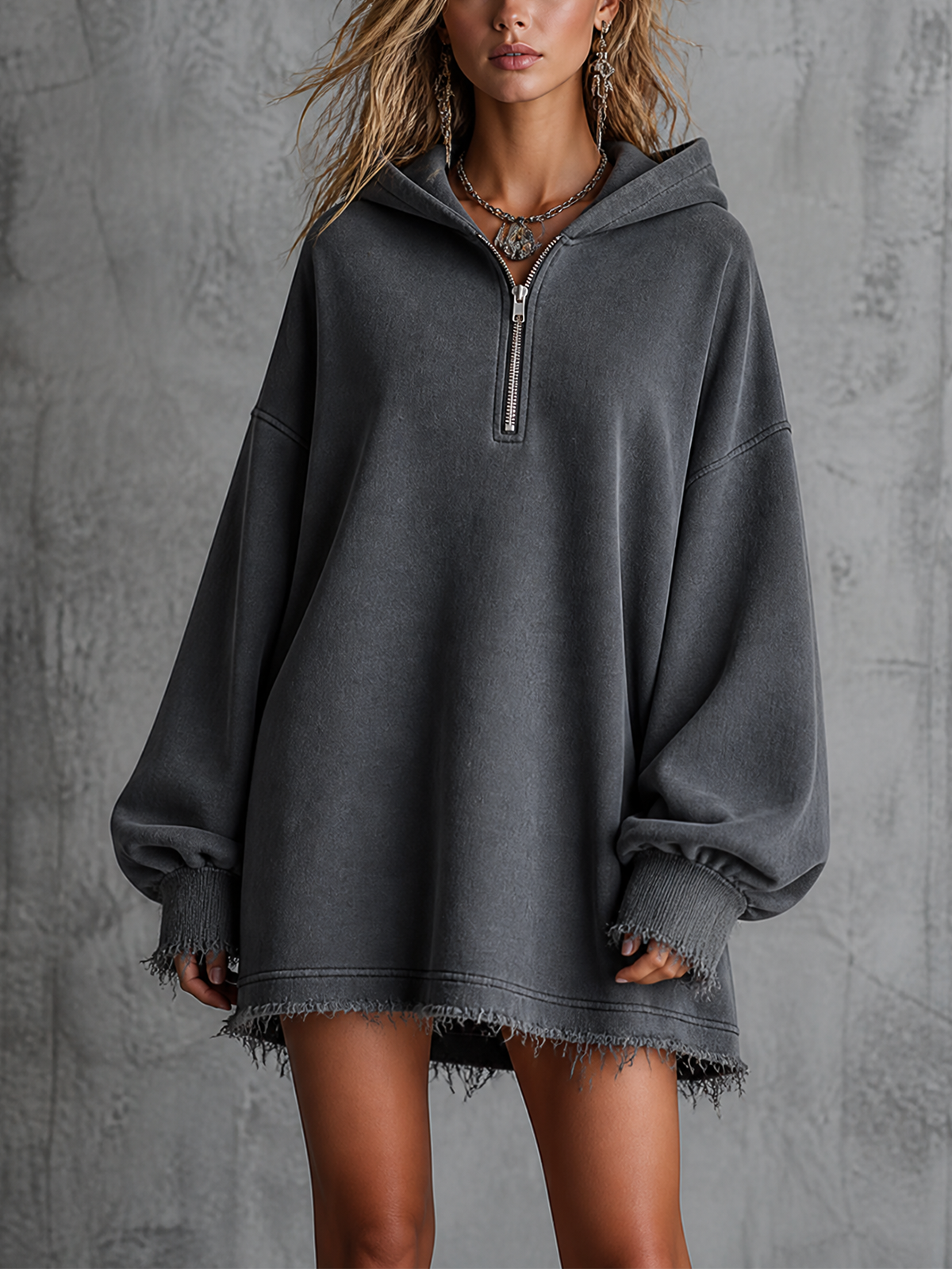 ElevenOra Chic Casual Charcoal Grey Hooded Half Zip Drop Shoulder Long-Sleeve Frayed Hem Loose-Fit French Terry Sweatshirt Mini Dress