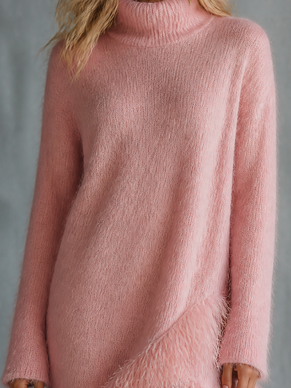 ElevenOra Chic Elegant Dusty Pink Turtleneck Long-Sleeve Irregular Fringe Loose-Fit Fuzzy Knit Mini Dress