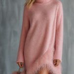 ElevenOra Chic Elegant Dusty Pink Turtleneck Long-Sleeve Irregular Fringe Loose-Fit Fuzzy Knit Mini Dress