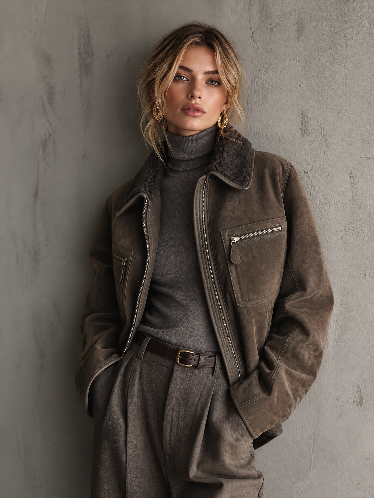 ElevenOra Chic Casual Taupe Brown Shearling Lapel Collar Zip‑Up Long-Sleeve Patch Pocket Loose-Fit Faux Suede Jacket