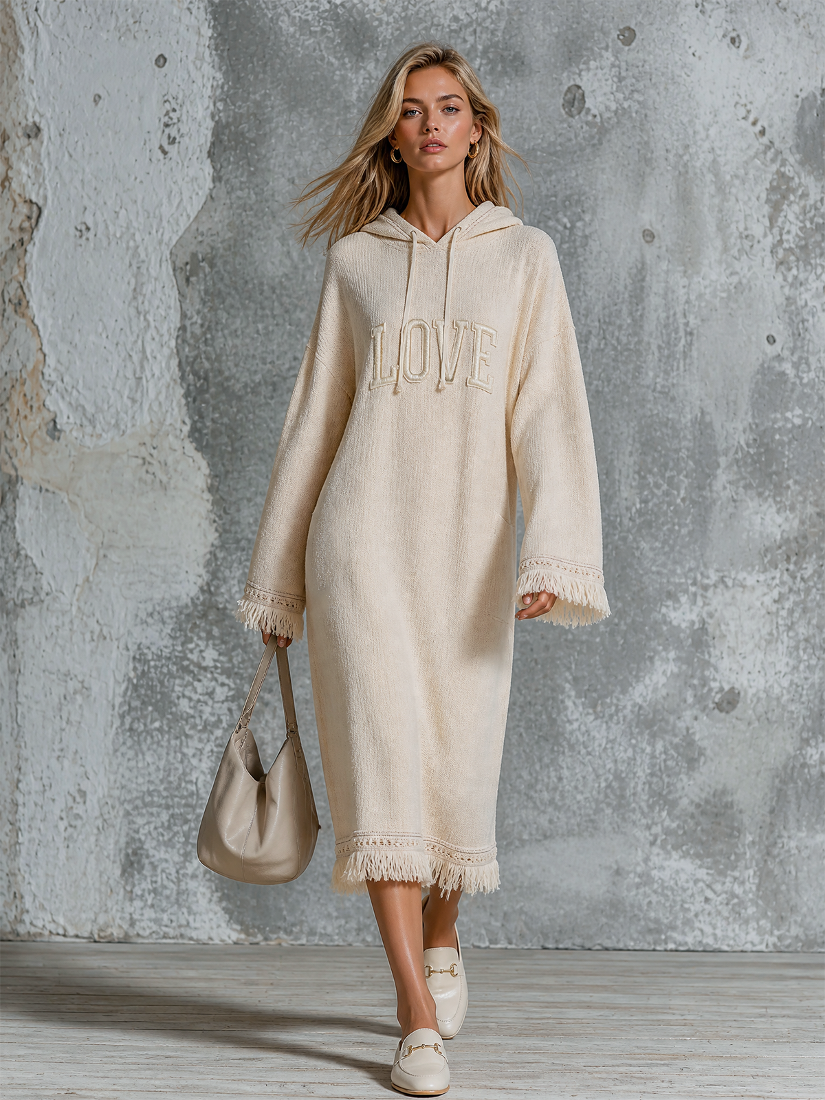 ElevenOra Chic Casual Off‑White Hooded Letter Embroidery Drop‑Shoulder Long-Sleeve Loose-Fit Fringe Trim Textured Knit Maxi Dress
