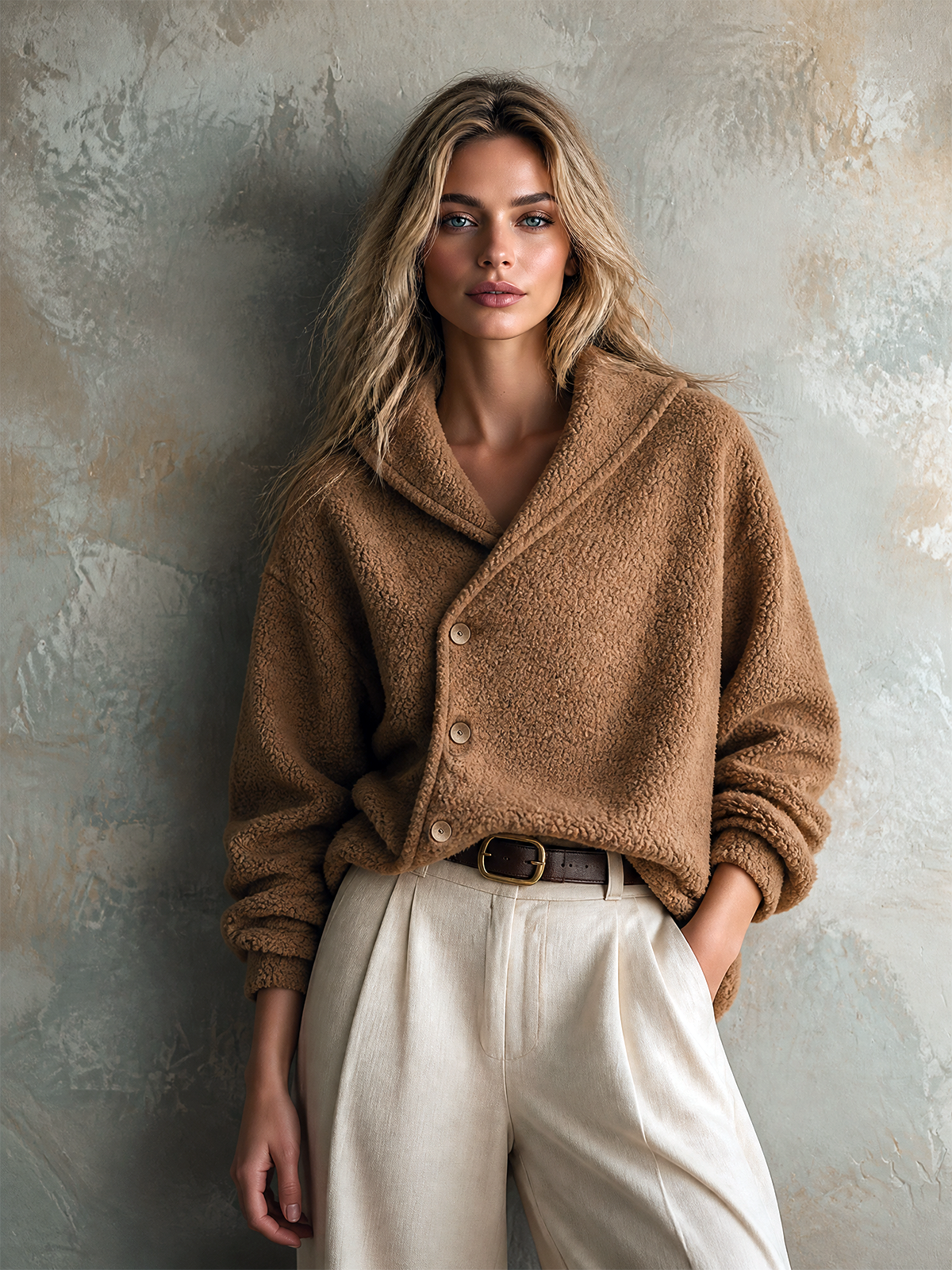 ElevenOra Chic Casual Camel Shawl Collar Asymmetric Button Long-Sleeve Patch Pocket Loose-Fit Teddy Fleece Jacket