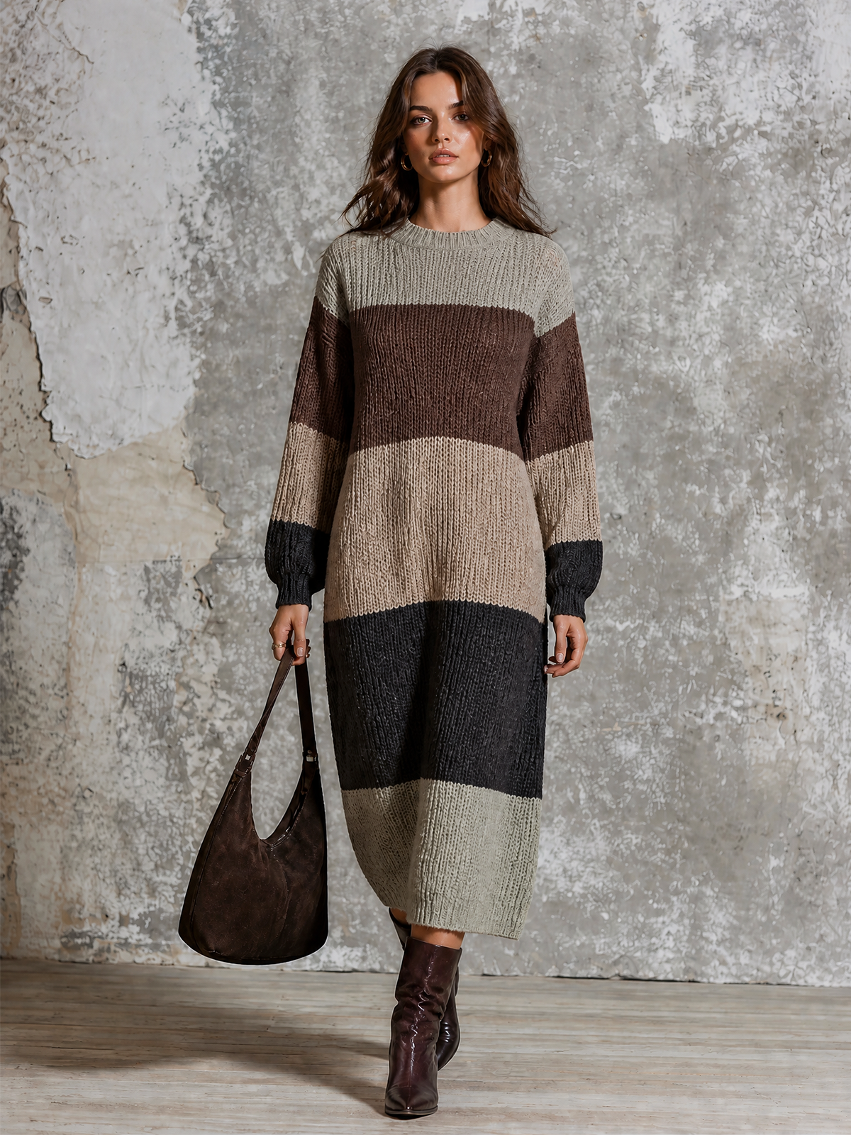 ElevenOra Chic Elegant Multi‑Color Stripes Round-Neck Long-Sleeve Loose-Fit Chunky Knit Maxi Dress