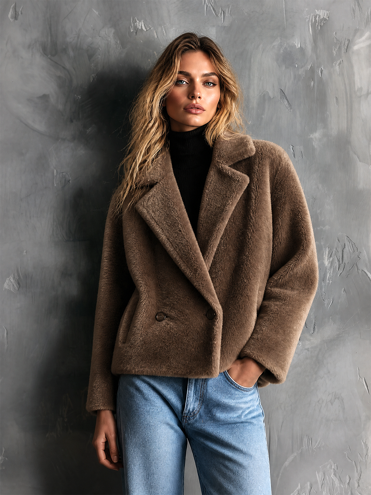 ElevenOra Chic Casual Taupe Brown Notched Lapel Double‑Breasted Long-Sleeve Loose-Fit Faux Fur Cropped Coat