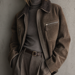 ElevenOra Chic Casual Taupe Brown Shearling Lapel Collar Zip‑Up Long-Sleeve Patch Pocket Loose-Fit Faux Suede Jacket
