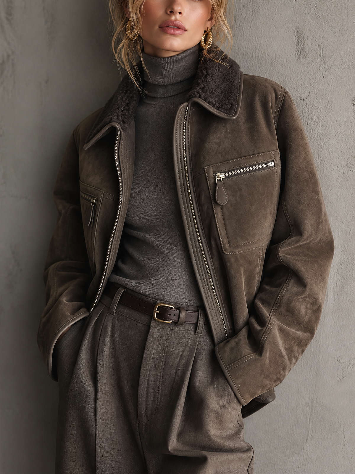 ElevenOra Chic Casual Taupe Brown Shearling Lapel Collar Zip‑Up Long-Sleeve Patch Pocket Loose-Fit Faux Suede Jacket