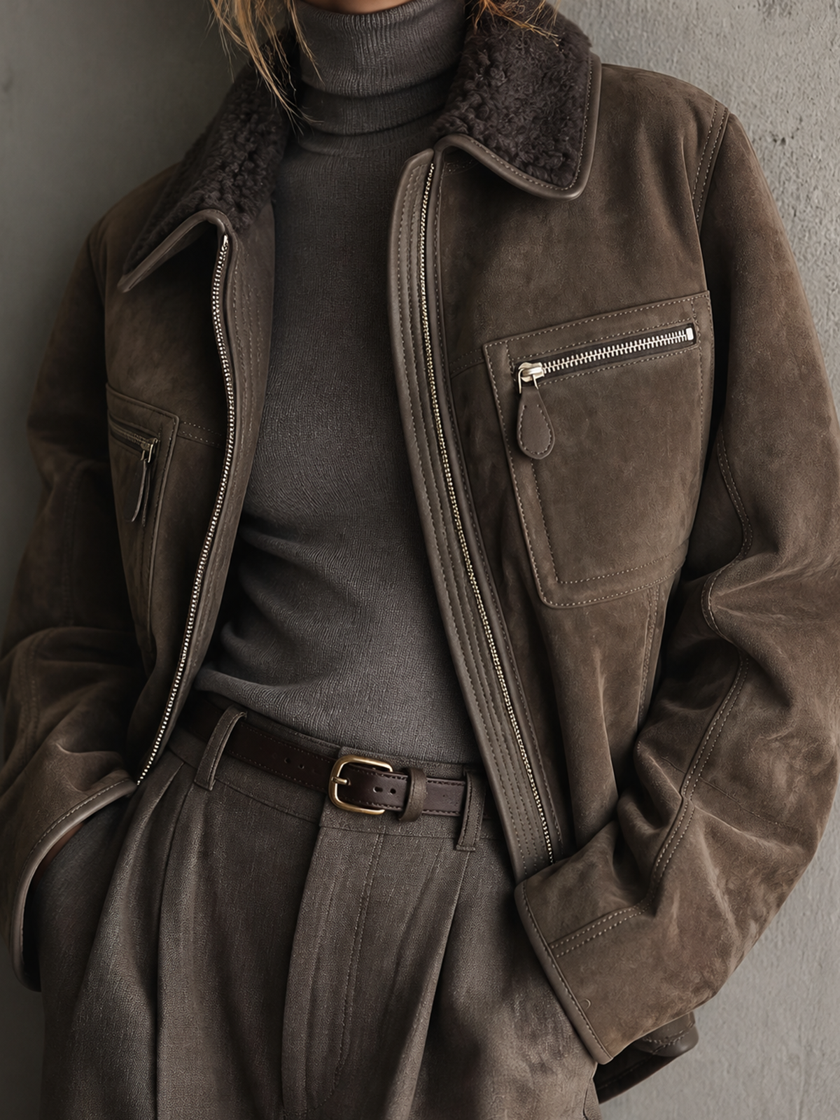ElevenOra Chic Casual Taupe Brown Shearling Lapel Collar Zip‑Up Long-Sleeve Patch Pocket Loose-Fit Faux Suede Jacket
