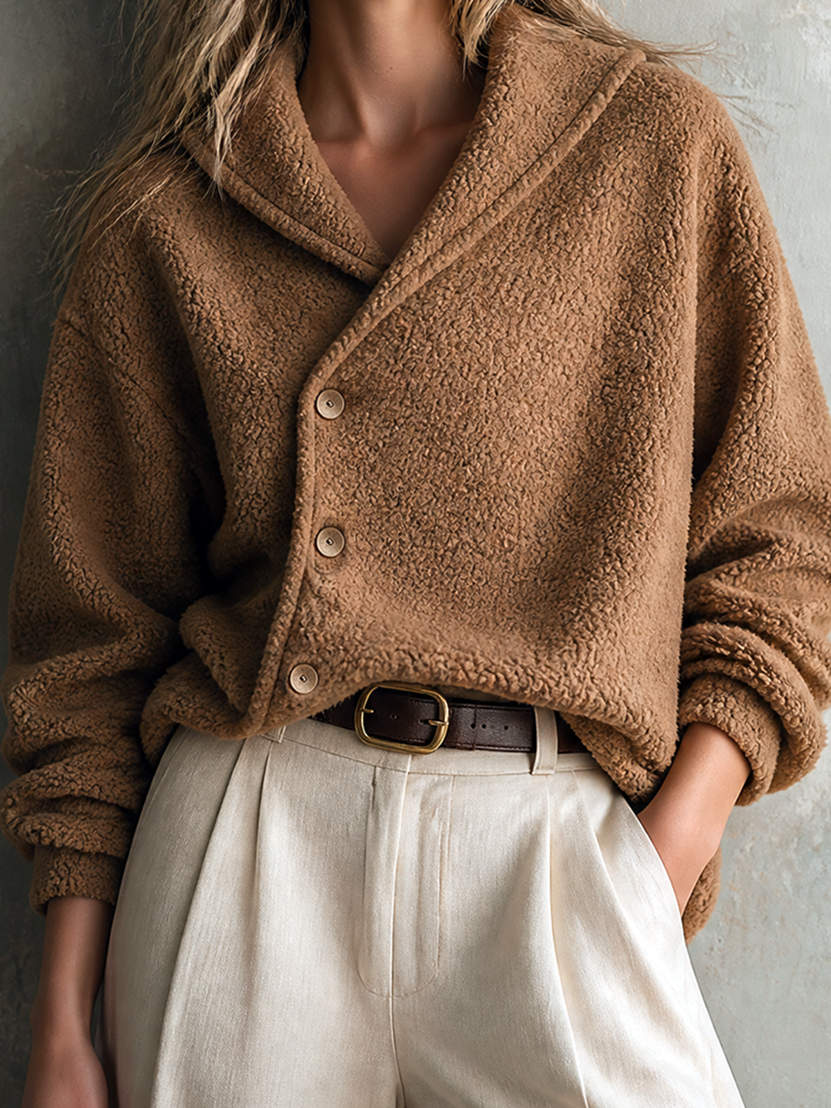 ElevenOra Chic Casual Camel Shawl Collar Asymmetric Button Long-Sleeve Patch Pocket Loose-Fit Teddy Fleece Jacket