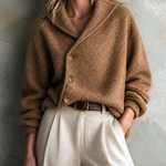 ElevenOra Chic Casual Camel Shawl Collar Asymmetric Button Long-Sleeve Patch Pocket Loose-Fit Teddy Fleece Jacket