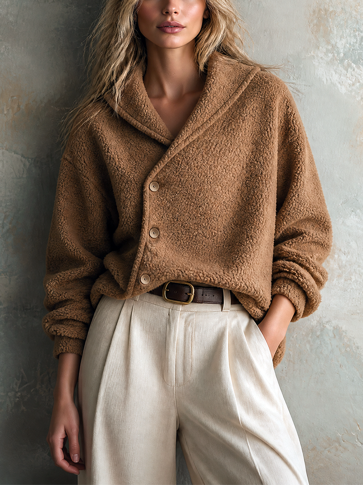 ElevenOra Chic Casual Camel Shawl Collar Asymmetric Button Long-Sleeve Patch Pocket Loose-Fit Teddy Fleece Jacket