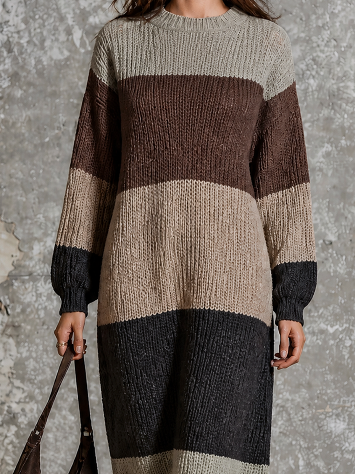 ElevenOra Chic Elegant Multi‑Color Stripes Round-Neck Long-Sleeve Loose-Fit Chunky Knit Maxi Dress