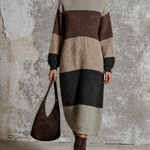 ElevenOra Chic Elegant Multi‑Color Stripes Round-Neck Long-Sleeve Loose-Fit Chunky Knit Maxi Dress