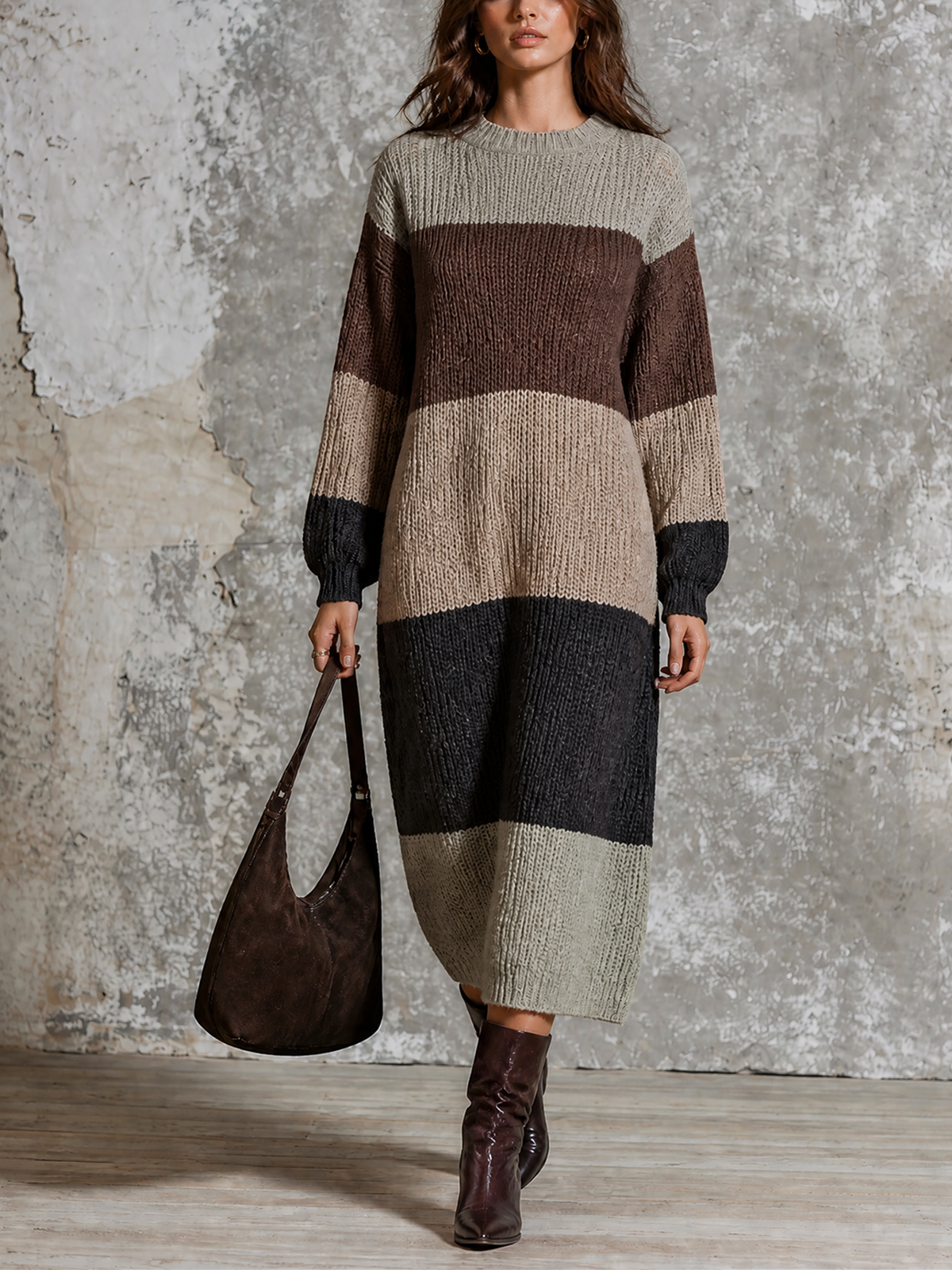 ElevenOra Chic Elegant Multi‑Color Stripes Round-Neck Long-Sleeve Loose-Fit Chunky Knit Maxi Dress