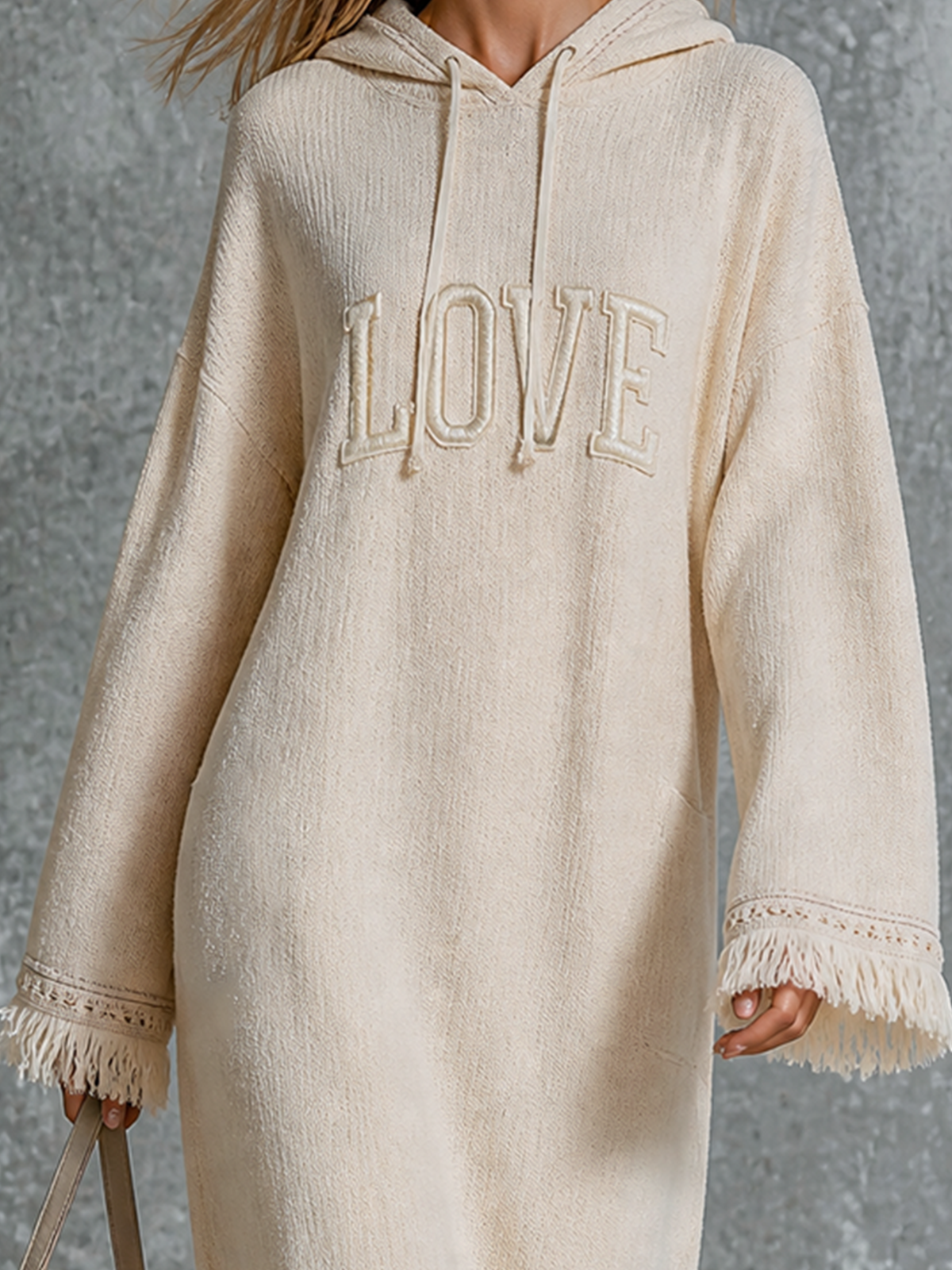 ElevenOra Chic Casual Off‑White Hooded Letter Embroidery Drop‑Shoulder Long-Sleeve Loose-Fit Fringe Trim Textured Knit Maxi Dress