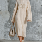 ElevenOra Chic Casual Off‑White Hooded Letter Embroidery Drop‑Shoulder Long-Sleeve Loose-Fit Fringe Trim Textured Knit Maxi Dress