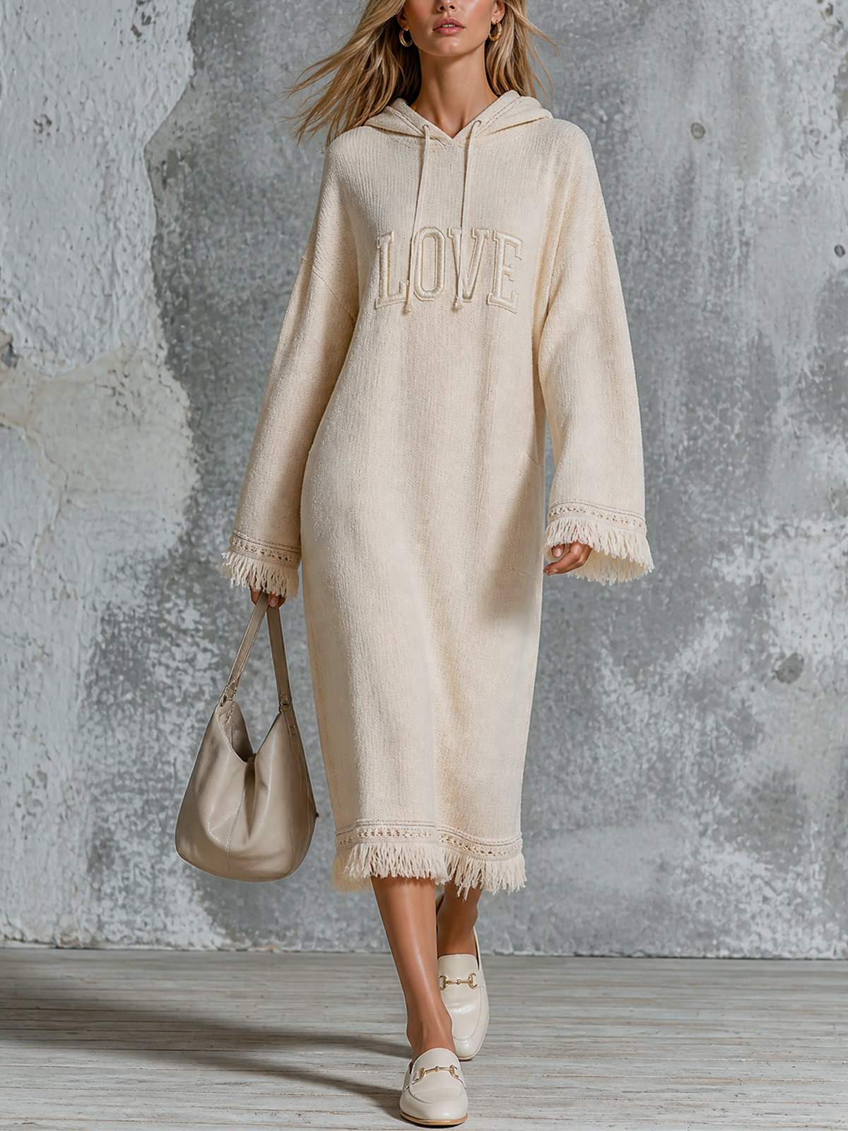 ElevenOra Chic Casual Off‑White Hooded Letter Embroidery Drop‑Shoulder Long-Sleeve Loose-Fit Fringe Trim Textured Knit Maxi Dress