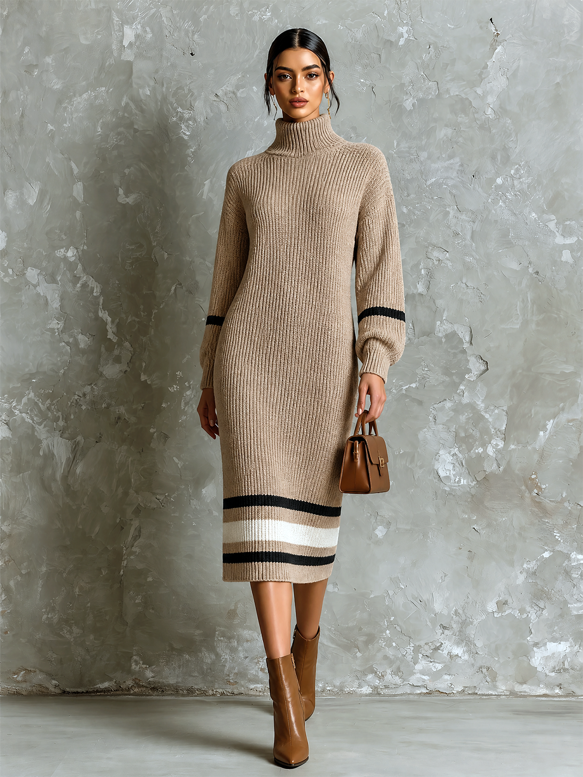 ElevenOra Chic Elegant Camel Turtleneck Contrast Striped Trim Long-Sleeve Loose-Fit Ribbed Knit Midi Dress