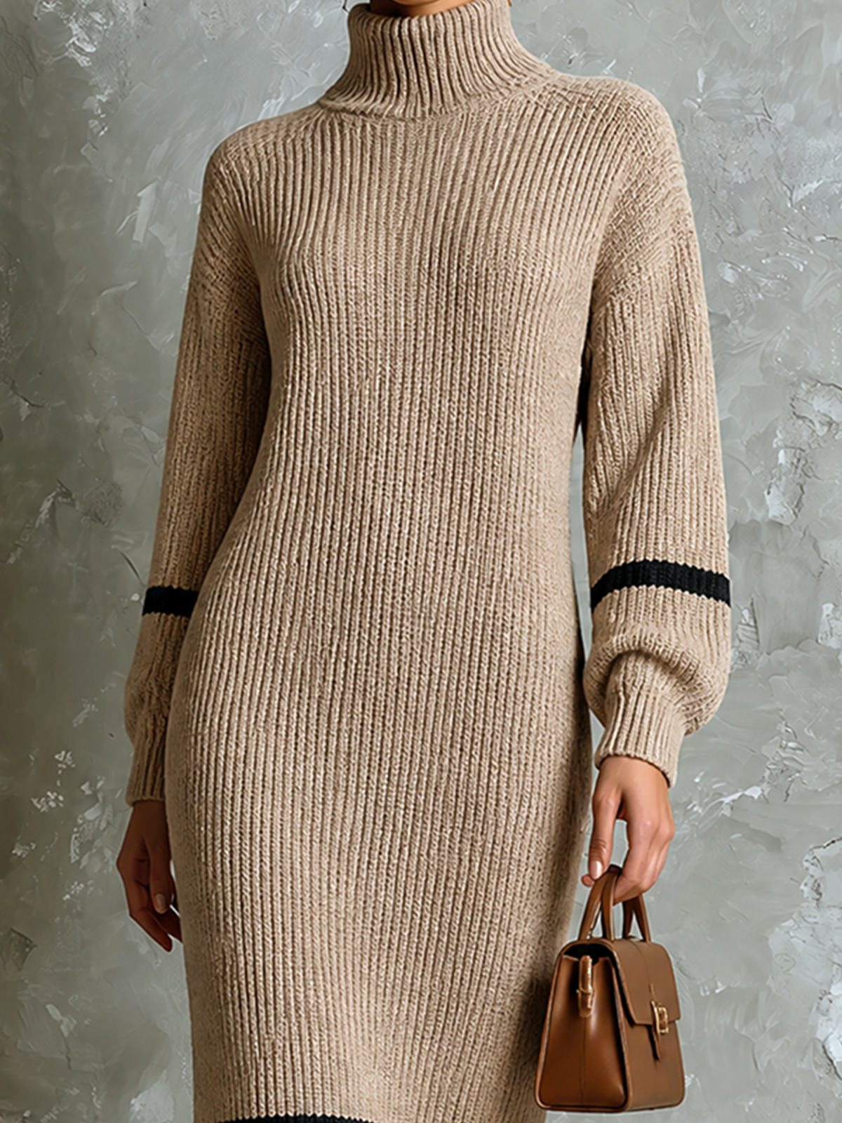 ElevenOra Chic Elegant Camel Turtleneck Contrast Striped Trim Long-Sleeve Loose-Fit Ribbed Knit Midi Dress