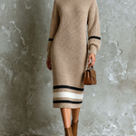 ElevenOra Chic Elegant Camel Turtleneck Contrast Striped Trim Long-Sleeve Loose-Fit Ribbed Knit Midi Dress