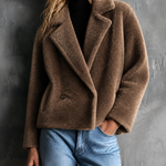 ElevenOra Chic Casual Taupe Brown Notched Lapel Double‑Breasted Long-Sleeve Loose-Fit Faux Fur Cropped Coat