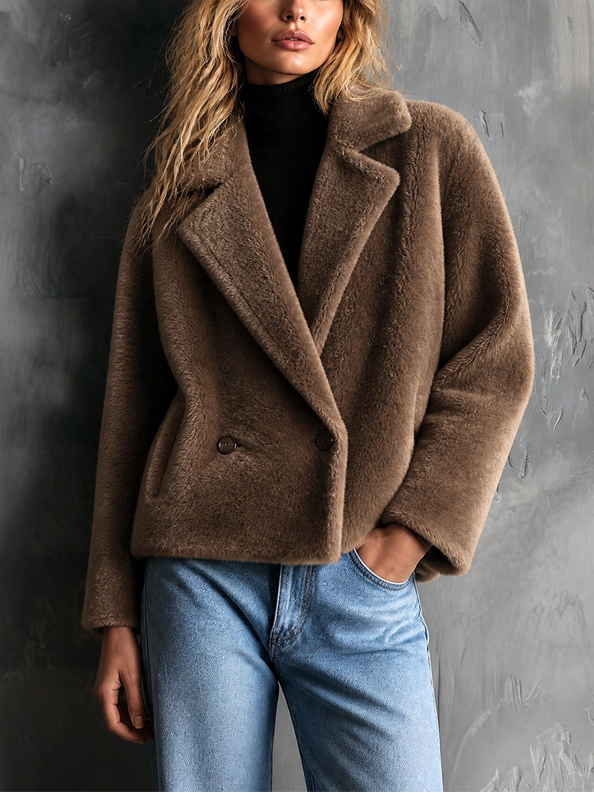 ElevenOra Chic Casual Taupe Brown Notched Lapel Double‑Breasted Long-Sleeve Loose-Fit Faux Fur Cropped Coat