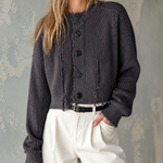 ElevenOra Chic Casual Charcoal Gray Round-Neck Single-Breasted Long-Sleeve Loose-Fit Frayed Edge Knit Cardigan