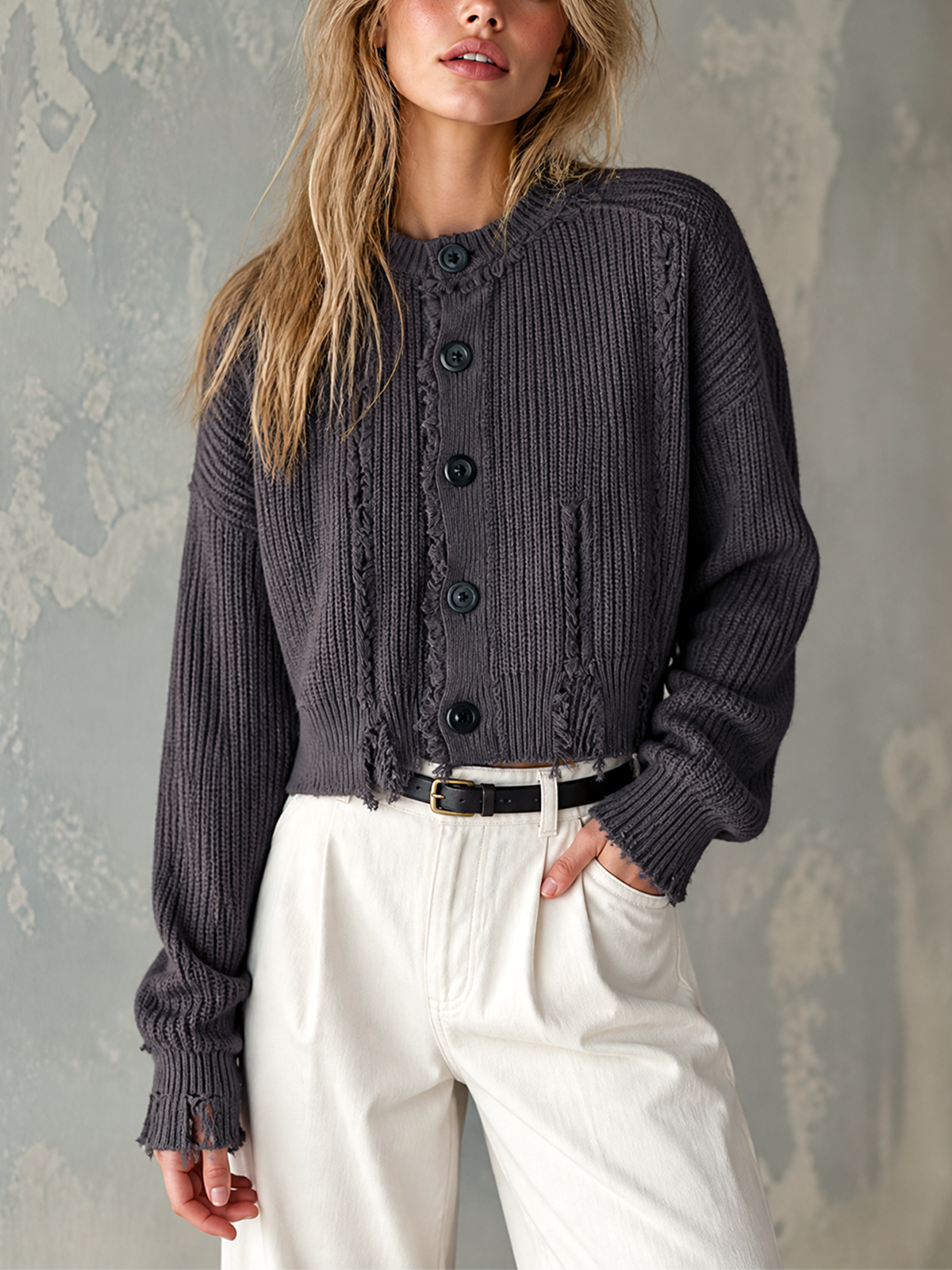 ElevenOra Chic Casual Charcoal Gray Round-Neck Single-Breasted Long-Sleeve Loose-Fit Frayed Edge Knit Cardigan