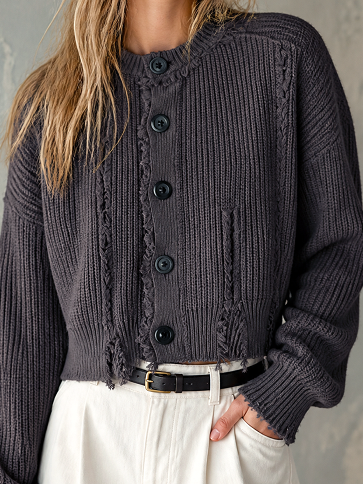 ElevenOra Chic Casual Charcoal Gray Round-Neck Single-Breasted Long-Sleeve Loose-Fit Frayed Edge Knit Cardigan