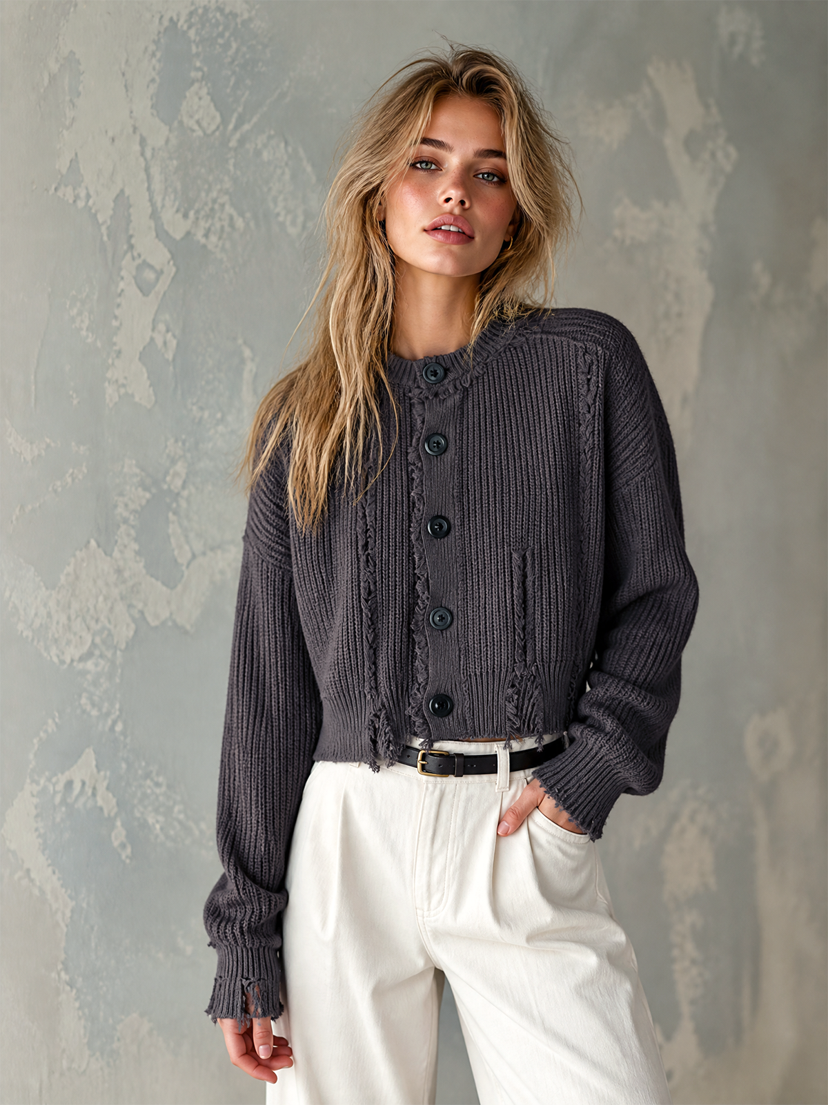 ElevenOra Chic Casual Charcoal Gray Round-Neck Single-Breasted Long-Sleeve Loose-Fit Frayed Edge Knit Cardigan