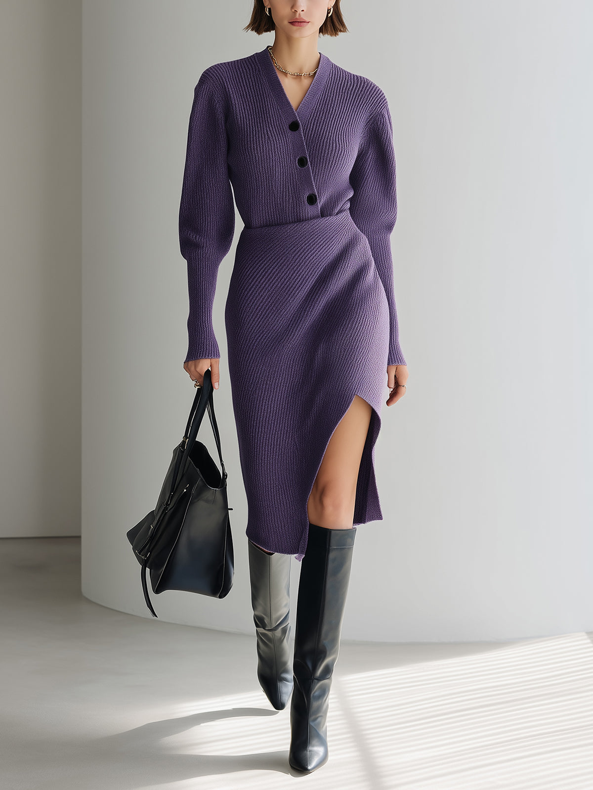 ElevenOra Chic Vintage Purple V-Neck Button-Front Long Sleeve Cardigan Top Bodycon Side Slit Midi Skirt Knit Two-Piece Set