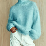 ElevenOra Chic Vintage Baby Blue Turtleneck Textured Knit Fuzzy Slouchy Sweater