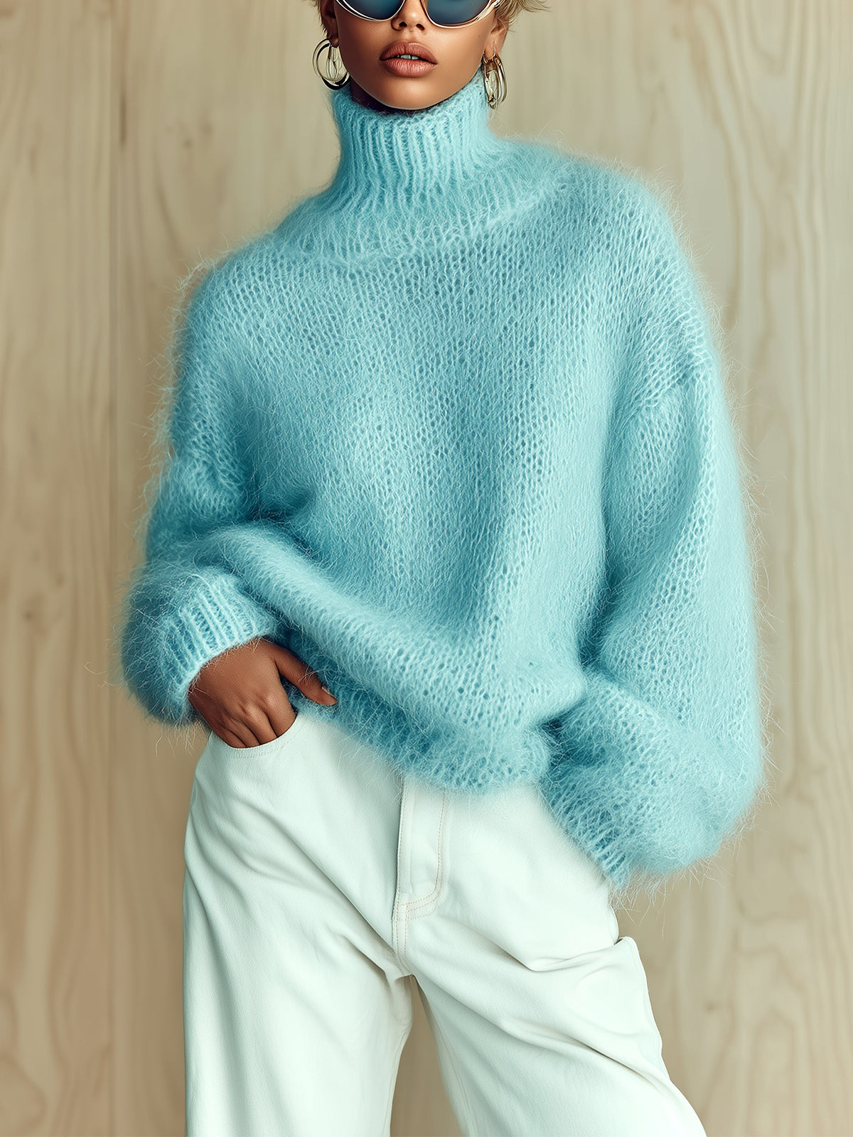 ElevenOra Chic Vintage Baby Blue Turtleneck Textured Knit Fuzzy Slouchy Sweater